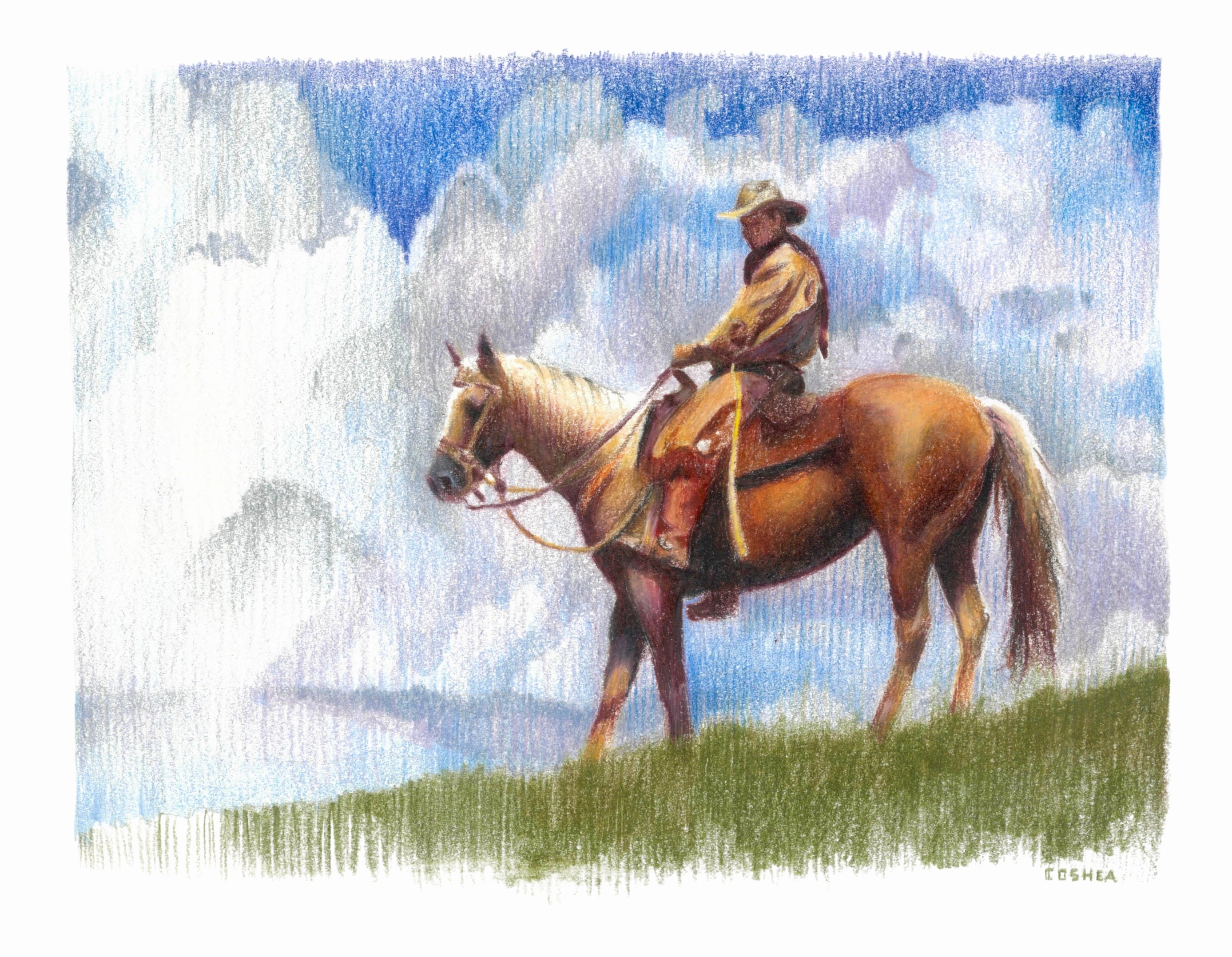 Painting of a cowboy on horseback against a blue sky with clouds